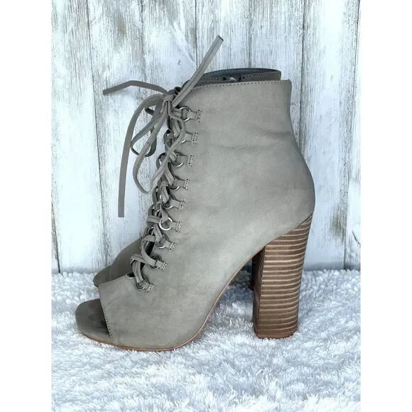 Steve Madden Freemee Lace Up Nubuck Leather Peep-Toe Booties Gray Size 7 - Picture 5 of 8